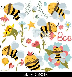 Bienenbündel. Niedliche Biene auf Blume, Wildblumen, Honigwaben, Sonnenblumen. Cartoon Honigbienen mit verschiedenen Emotionen. Natur, Bio-Produkt. Vektorgrafik. Stock Vektor
