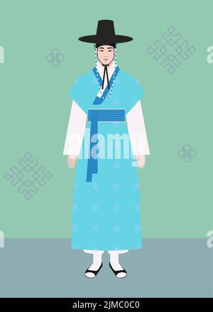 Koreanischer Mann in traditionellen Kostümen. Mann Charakter in dekorierten Nationalkostüm hanbok. Koreanische Volkskleidung. Flache Vektor-Cartoon-Illustration Stock Vektor