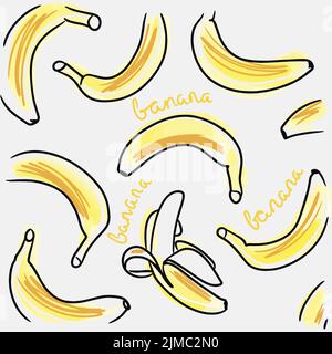 Banane. Nahtloses Muster von Bananenkritzeln mit handgeschriebenen Buchstaben. Wiederholender Hintergrund. Obst-Druck. Niedlichen Cartoon-Stil. Mode-Illustration Stock Vektor