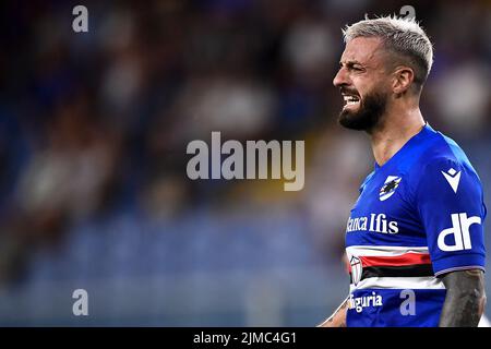 Genua, Italien. 05. August 2022. Francesco Caputo von US Sampdoria reagiert während des Fußballspiels von Coppa Italia zwischen UC Sampdoria und Reggina. Kredit: Nicolò Campo/Alamy Live Nachrichten Stockfoto