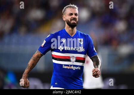 Genua, Italien. 05. August 2022. Francesco Caputo von US Sampdoria reagiert während des Fußballspiels von Coppa Italia zwischen UC Sampdoria und Reggina. Kredit: Nicolò Campo/Alamy Live Nachrichten Stockfoto