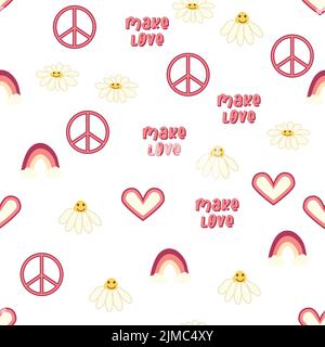 Love Heart, Peace Symbol, rainbow retro 70s nahtloses Muster. Verstreute Herzformen auf wirbelndem Hintergrund. Grooviges Design im Stil der Sieben Stock Vektor