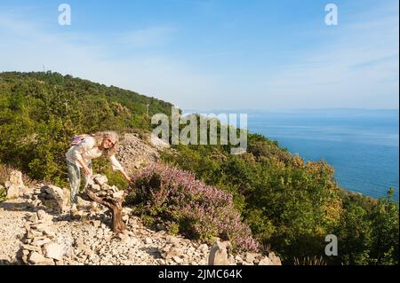 Weibliche Wanderer sammelt wilde Salbei auf einer Klippe mit Blick auf das Meer. Stockfoto