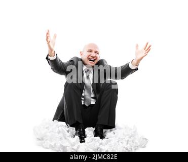 Laut schreiend oder schreiend müde gestresste Geschäftsmann gestikulierte Hände Stockfoto