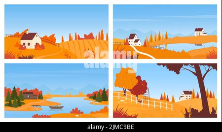 Dorf Herbst Landschaft mit Häusern auf dem Land Bauernhof Feld, ländliche Skyline Vektor-Illustration Set. Cartoon schöne ruhige Herbst Panorama-Szene mit Bergen, Orangenbäume auf Gras Land Hintergrund Stock Vektor
