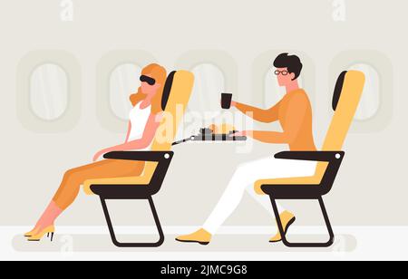 Passagiere sitzen auf Sitzen in der Nähe des Fensters im Flugzeug. Cartoon Menschen reisen im Flugzeug, Frau mit Schlafmaske auf dem Gesicht sitzen, Mann Essen Mahlzeit flache Vektor-Illustration. Konzept des Luftverkehrs Stock Vektor