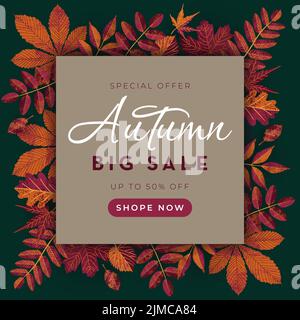 Autumn Sale Banner mit hellen Blättern im realistischen Stil. Vektorgrafik Stock Vektor