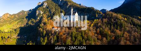 Luftaufnahme, Schloss Neuschwanstein, Forggensee, Schwangau, Bayern, Allgäu, Schwaben, Deutschland Stockfoto