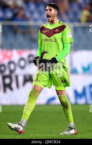 Genua, Italien. 05. August 2022. Federico Ravaglia von Reggina reagiert während des Fußballspiels von Coppa Italia zwischen UC Sampdoria und Reggina. Kredit: Nicolò Campo/Alamy Live Nachrichten Stockfoto