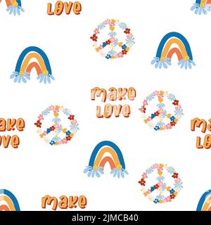 Love Heart, Peace Symbol, rainbow retro 70s nahtloses Muster. Verstreute Herzformen auf wirbelndem Hintergrund. Grooviges Design im Stil der Sieben Stock Vektor
