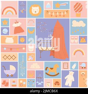 Baby Boho Kinderzimmer Set Vektor Illustration. Cartoon nette Raumdekor Kollektion für neugeborene Jungen und Mädchen im böhmischen Stil, Kleidung und Spielzeug im quadratischen Collage Hintergrund. Schlafzimmer-Innenkonzept Stock Vektor