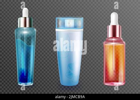 3D kosmetische Flaschen Set Vektor-Illustration. Realistischer Glasbehälter in Blau und Gold mit Serum- oder Ölessenz und Tropfflaschen, Kunststoffverpackung mit Sprühknopf isoliert auf transparentem Hintergrund Stock Vektor