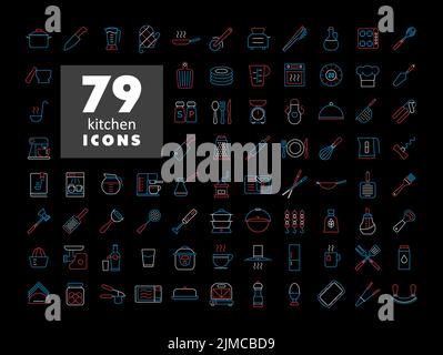 Koch- und Küchenvektor isoliert auf den schwarzen Symbolen eingestellt. Graph Symbol für Kochen Website-Design, Logo, App, UI Stock Vektor