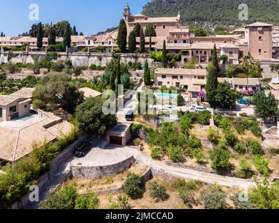 Luftaufnahme, Spanien, Balearen, Mallorca, Serra de Tramuntana, Soller Region, historische Berge Stockfoto