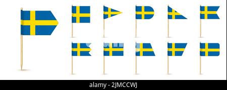 Schwedische Zahnstocherflagge isoliert auf Holzstäbchen mit weißem Papier. Realistische kleine Zahnstocher für das Mittagessen. Vektor-Cocktail-Dekoration. Stock Vektor