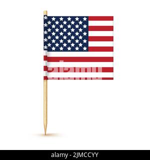 USA Zahnstocherflagge isoliert auf Holzstab mit weißem Papier. Realistische kleine Zahnstocher für das Mittagessen. Vektor-Cocktail-Dekoration. Stock Vektor