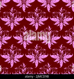 Nahtlose Grafik rosa Muster auf burgunderroten Hintergrund, florale Ornament Fliese, Textur, Design Stockfoto