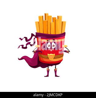 Cartoon pommes frites Kartoffel Superhelden Charakter. Fastfood Kartoffel Mahlzeit Helden Vektor Charakter trägt Maske, Umhang und Stiefel. Isoliert glücklich lächelnd fren Stock Vektor