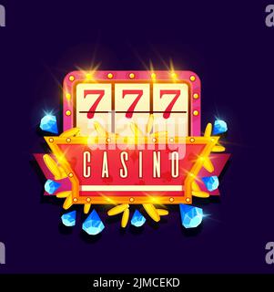 Casino Banner, 777 Jackpot mit Goldmünzen und Diamanten, Vektor-Glücksspiel-Schild. Online Casino und Vegas Spielautomat glücklich gewinnen Cartoon signbo Stock Vektor