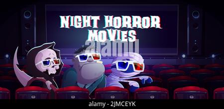 Nacht Horror Filme Cartoon Banner mit lustigen Monstern sitzen im Kinosaal. Niedliche Sensenmann mit Sense, Zombie und Mama halloween-Persönlichkeiten tragen 3D Gläser Film ansehen, Vektor-Illustration Stock Vektor