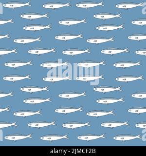 Weiße Fische auf blauem Hintergrund nahtloses Muster. Stock Vektor