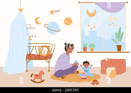 Glückliche Mutter und Baby-Kind spielen Spaß Spiel zusammen in Home Kinderzimmer. Junge Frau und Junge sitzen auf dem Boden in der Nähe von niedlichen Wiege, spielen mit Spielzeug Vektor Illustration. Kinderbetreuung, Mutterschaft, Familienkonzept Stock Vektor