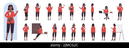 afroamerikanische schwarze Lehrerin posiert vor, Seite und Rückansicht, Gesten setzen Vektor-Illustration. Cartoon Frau im Anzug sitzen und stehen, selbstbewusst professionelle Lautsprecher Unterricht Stock Vektor