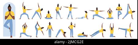 afroamerikanische schwarze männliche Yoga-Trainer posiert vor, Seite und Rückansicht, Pilates Workout-Set Vektor-Illustration. Cartoon Instructor Training, Mann zeigt Asanas Meditationsunterricht Stock Vektor