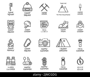 Sammlung von Outline-Logos mit verschiedenen Camp-Bildern Stock Vektor