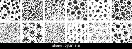 Set von nahtlosen Mustern mit handgezeichneten Blumen. Stock Vektor