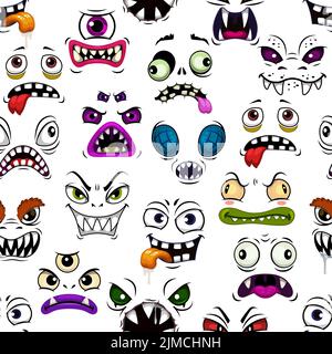 Cartoon Monster Gesichter Vektor nahtlose Muster. Niedlich, beängstigend, lustig und glücklich Monster Emoticons Hintergrund von außerirdischen Tier, Zombie, Vampir oder Geist mit Stock Vektor