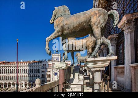 Quadriga der Pferde von San Marco auf der Markusbasilika und dem Uhrenturm auf dem Markusplatz, Venedig, Venetien, Adria, Norditalien, Italien Stockfoto