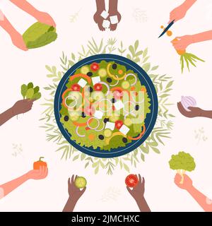 Küchenchefs kochen veganen Salat aus gesunden, frischen Zutaten. Cartoon Menschen kochen vegetarisches Essen, schneiden Gemüse mit Messer flache Vektor-Illustration. Vegetarische Ernährung, Ernährung, Rezeptur Stock Vektor