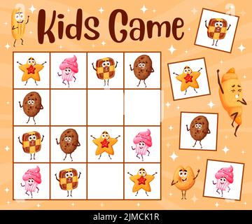 Sudoku-Spiel Arbeitsblatt, Cartoon Bäckerei und Cookies Zeichen, Vektor Kinder Puzzle. Sudoku Rätsel Gitter zu finden und zu kombinieren Gebäck Croissant, Cupcake Muffi Stock Vektor