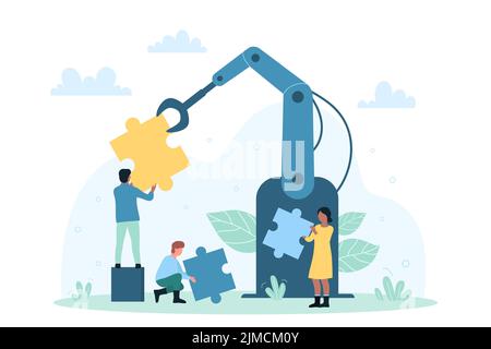 Geschäftsprozessautomatisierung, Einsatz von Robotern und Maschinen Vektordarstellung. Cartoon kleine Menschen verbinden Puzzleteile mit Roboterarm, Betrieb von automatisierten Systemen und Software. Startup-Konzept Stock Vektor