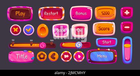 Glänzende Spielknöpfe, Bretter und Riegel mit Bonbon- und Schokoladenstruktur. Vector Cartoon Satz von süßen Spiel ui-Elemente, Menü, Spiel, Score-Tasten, Check-und Cross-Marken, Schieberegler Stock Vektor