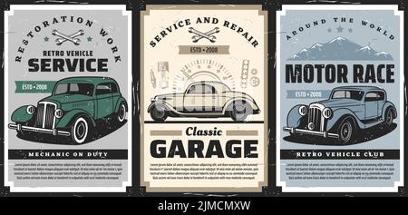 Retro-Autos Service, klassische Auto-Motor-Rennen Vektor-Poster. Retro-Fahrzeuge Restaurierung arbeitet Mechaniker, alte Autos Wartung Garage Station und Ersatz pa Stock Vektor