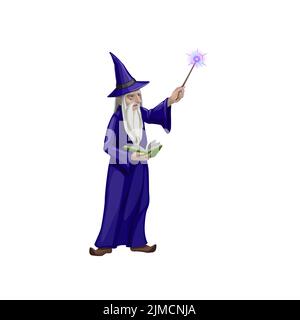 Alter Zauberer mit Zauberstab, Zauberer Charakter macht Zauber aus Zauberbuch. Merlin oder Dumbledore Cartoon Halloween-Persönlichkeit mit langen grauen Bart tragen purpl Stock Vektor