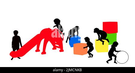 Spielplatz mit Kindern Silhouetten, Vektor, Abbildung Stockfoto