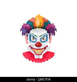 Scary Zirkus Monster Gesicht isoliert Clown Cartoon Charakter. Vektor bösen Joker mit gelben Zähnen, verrücktes Lächeln, rote Nasen und farbige Perücken. Halloween-Hab Stock Vektor