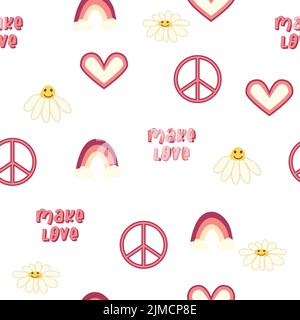 Love Heart, Peace Symbol, rainbow retro 70s nahtloses Muster. Verstreute Herzformen auf wirbelndem Hintergrund. Grooviges Design im Stil der Sieben Stock Vektor