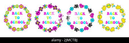 Zurück in die Schule grooviger runder Rahmen im Retro 70s Stil. Psychedelische Bordüre im Hippie-Design Stock Vektor