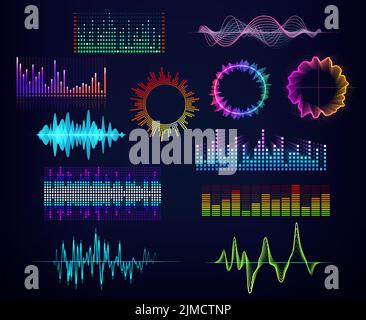 Audioausgleichsfunktionen und Schallwellen, Neonkreise und runde Leuchtfarben, Vektorsymbole. Sound Equalizer und Voice Assistant oder Recognition App Soundwave-Symbole w Stock Vektor