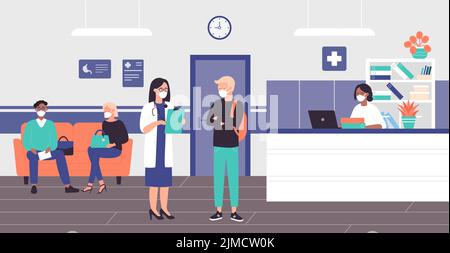 Patienten in medizinischen Masken warten Arzttermin in Lobby-Raum Innenraum Vektor-Illustration. Zeichentrickfiguren auf Stühlen, Rezeptionist im Hintergrund am Rezeptionstresen. Krankenhauskonzept Stock Vektor