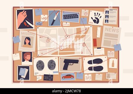 Crime Evidence Board mit Pins und roter Thread Verbindungsschema Vektor-Illustration. Cartoon Detective Investigation Pinnwand mit Papierkarte, Fotos und Bildern, um Mord Hintergrund zu untersuchen Stock Vektor