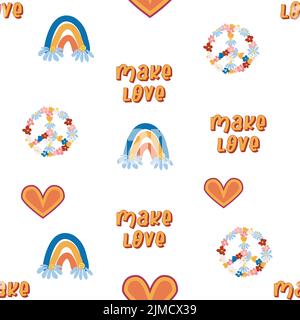 Love Heart, Peace Symbol, rainbow retro 70s nahtloses Muster. Verstreute Herzformen auf wirbelndem Hintergrund. Grooviges Design im Stil der Sieben Stock Vektor