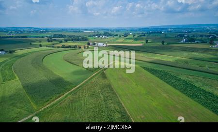 Luftaufnahme von grünen Ackerland und rollenden Kulturen, die auf wachsen Ein schöner Himmel auf einer sonnigen Landschaft Stockfoto