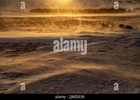 Leere Straße mit Schnee bedeckt im Hochlandtal im Winter in Island während des Sonnenuntergangs Stockfoto