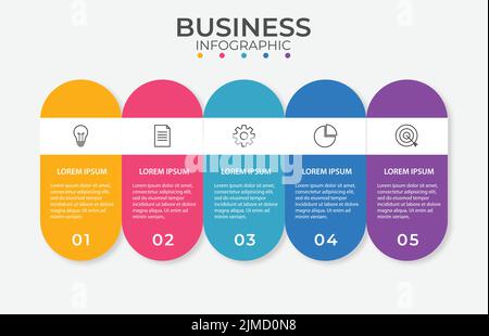 Business-Infografik-Vorlage mit bunten Symbolen für das Geschäftskonzept. 5 Schritte - Idee, Präsentation, Prozess, Zeitplan, Ziel Stock Vektor