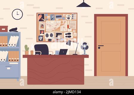 Detective Arbeitsplatz im Polizeiamt Vektor-Illustration. Innenraum der Mordabteilung mit Cartoon-Design, Untersuchungstafel, Laptop der Ermittler auf dem Tisch, Stuhl und Bücherregal mit sicherem Hintergrund Stock Vektor